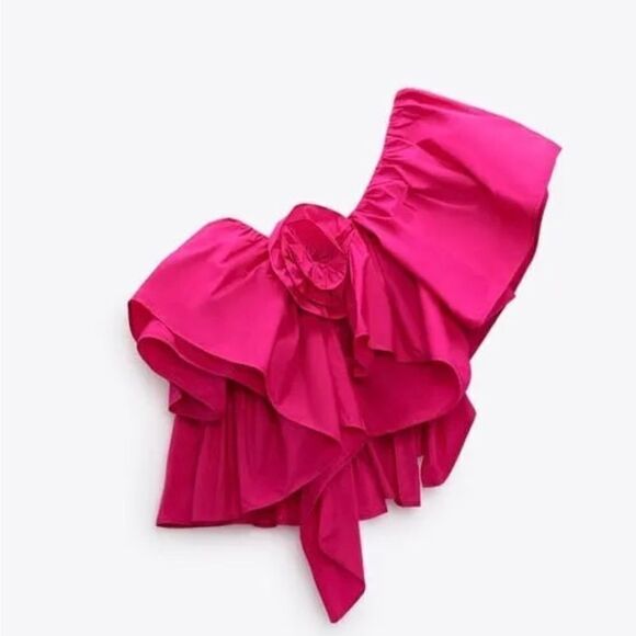 ZARA WOMEN ASYMMETRIC RUFFLED TOP FUCHSIA FLOWER VOLUMINOUS, SIZE S - Picture 1 of 11